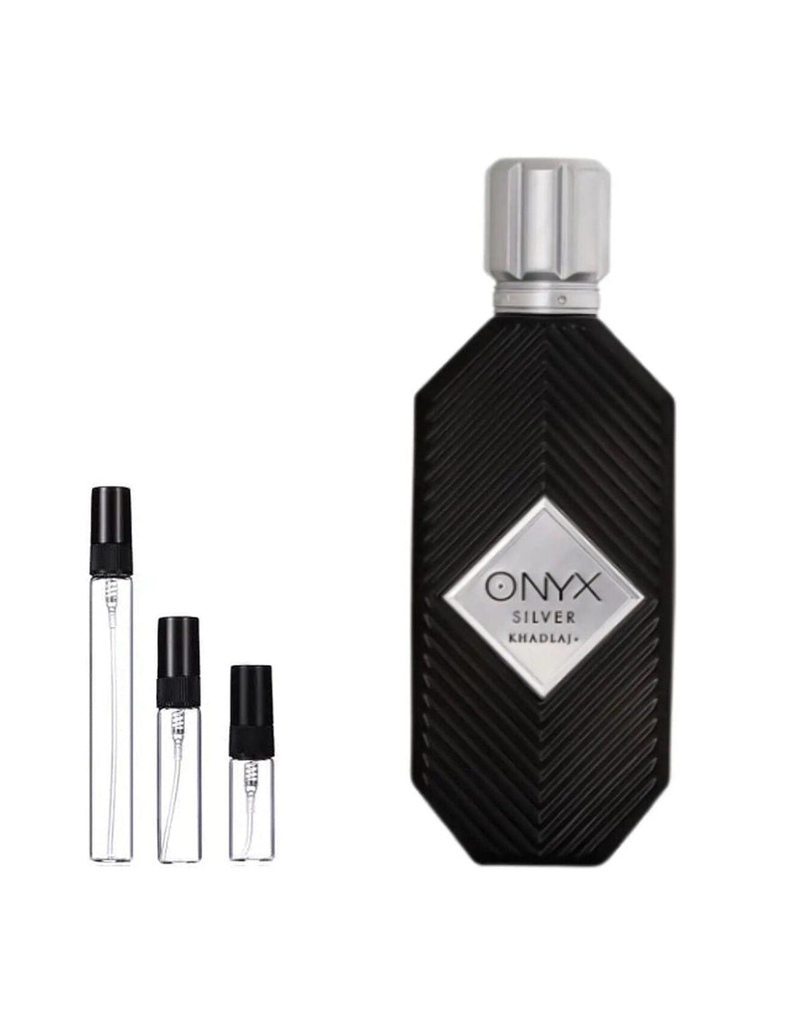 Khadlaj Onyx Silver sample – decant in a glass spray vial (2, 5 or 10 ml)