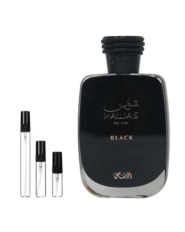Rasasi Hawas Black sample – decant in a glass spray vial (2, 5 or 10 ml)