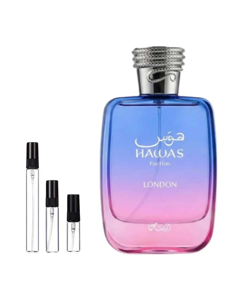 Rasasi Hawas London sample – decant in a glass spray vial (2, 5 or 10 ml)