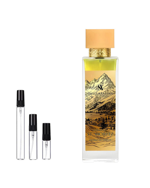 Swiss Arabian Echoes of St. Moritz Extrait sample – decant in a glass spray vial (2, 5 or 10 ml)